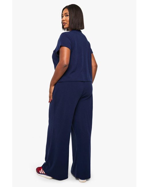 Boohoo Blue Plus Crinkle Rib Button Through Cap Sleeve Top And Trouser Set