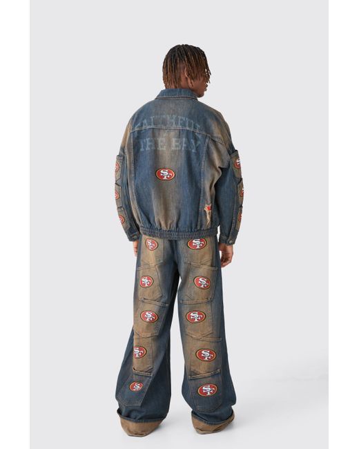 Boohoo Gray Nfl 49ers Oversized Zip Through Multi Pocket Jean Jacket