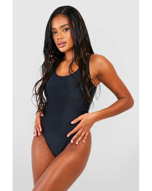Boohoo Black Ruched Scoop Tummy Control Bathing Suit