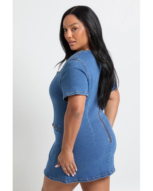 Boohoo Blue Plus Denim Trim Button Down Shift Dress