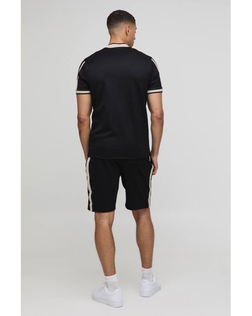 Boohoo Blue Slim Fit Pique Interlock Bomber Neck Polo Shirt Smart Short Set