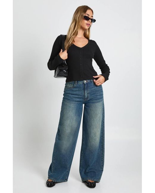 Boohoo Blue Ribbed Button Through V Neck Long Sleeve Top