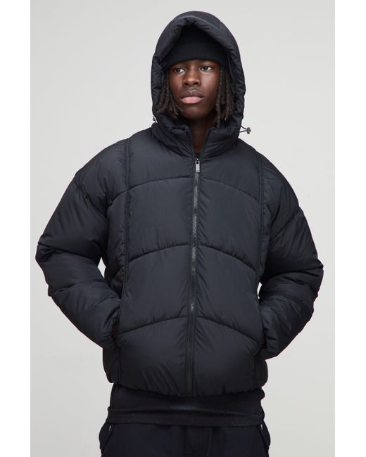 BoohooMAN Blue Regular Fit Pintuck Panel Hooded Puffer Jacket for men