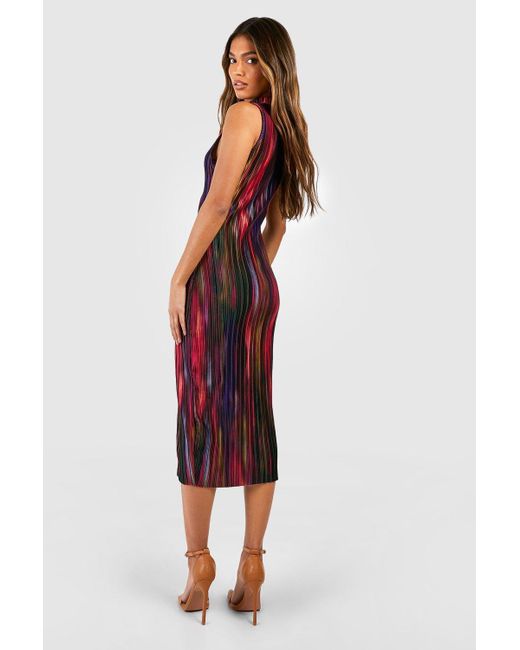Boohoo Red Abstract Plisse High Neck Midi Dress