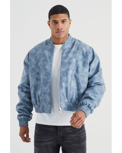 BoohooMAN Blue Boxy Washed Pu Seam Detail Padded Bomber for men