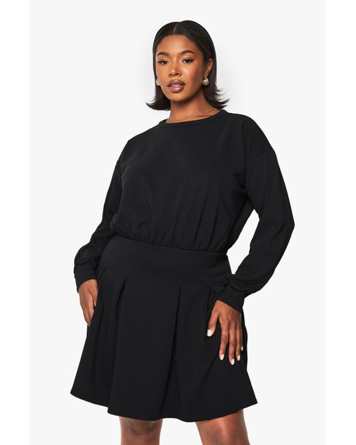 Boohoo Black Plus Panelled Rib Structured Skater Dress