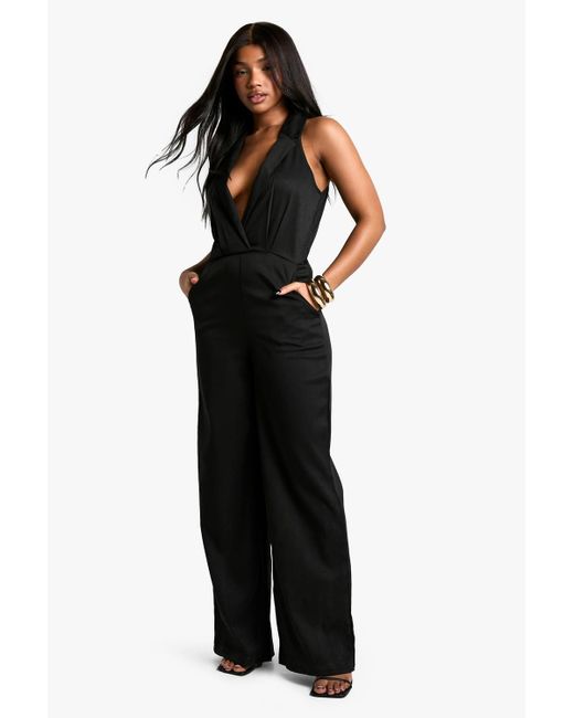 Boohoo Black Tailored Plunge Wide Leg Jumpsuit