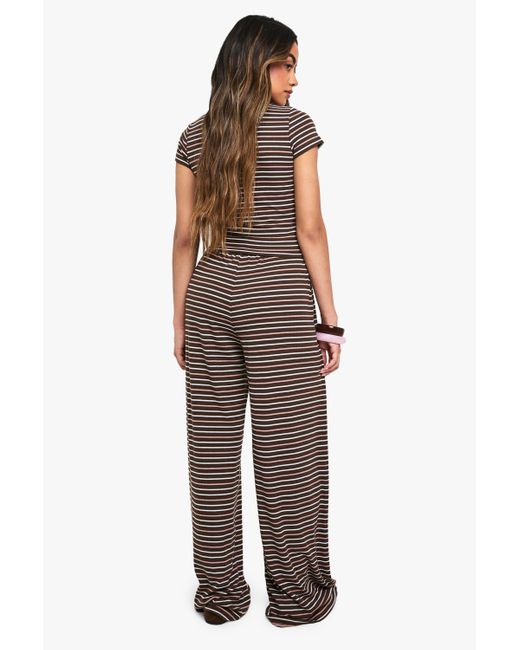 Boohoo Brown Striped Mid Rise Wide Leg Trouser