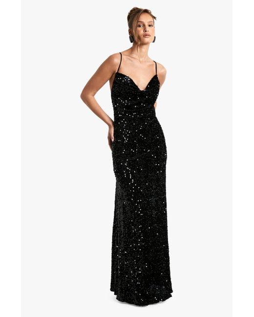 Boohoo Black Velvet Sequin Cowl Neck Slip Maxi Dress