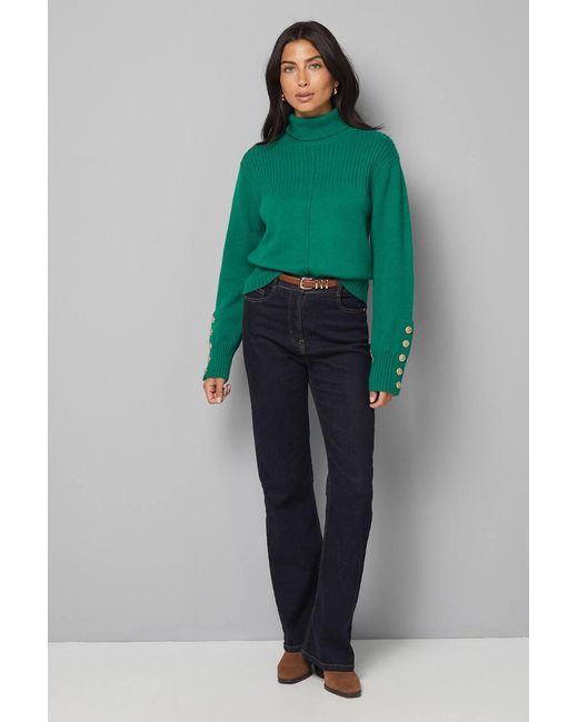 Wallis Green Rib Panel Button Sleeve Sweater