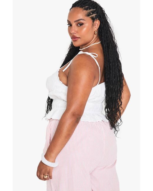 Boohoo White Plus Cotton Shirried Tie Strap Cami Top