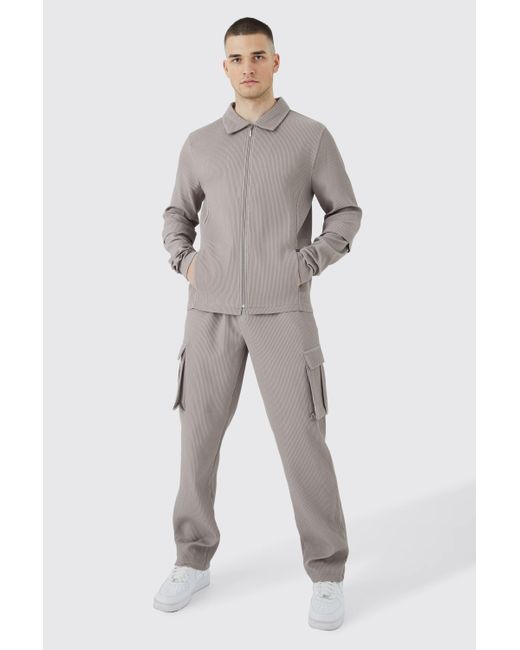 BoohooMAN Gray Tall Pleated Zip Shirt & Elasticated Straight Cargo Set for men