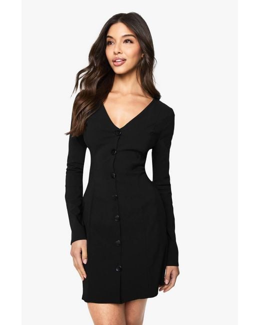 Boohoo Women's Black Tailored Collarless Cinched Waist Blazer Dress