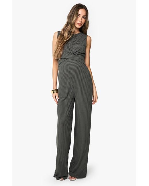 Boohoo Green Maternity Rib Sleeveless Knot Detail Lounge Jumpsuit