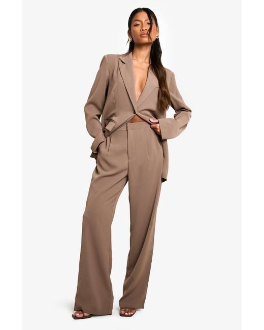 Boohoo Natural Woven Pleated Straight Leg Tailored Trouser