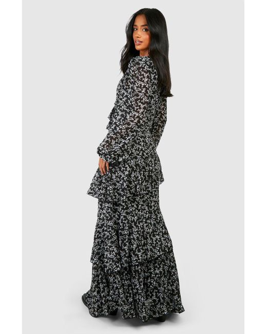 Boohoo Black Petite Floral Asymmetric Ruffle Volume Sleeve Maxi Dress