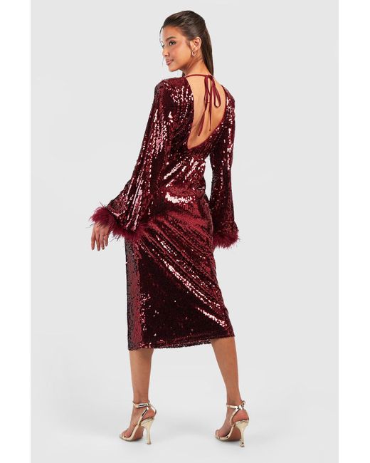 Boohoo Red Feather Cuff Sequin Midi Dress
