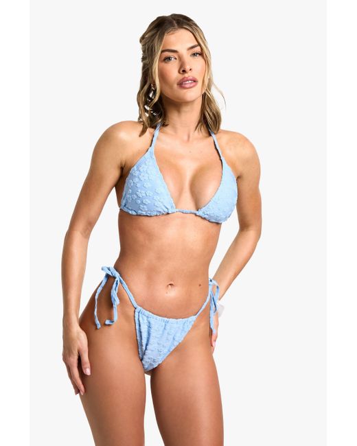 Boohoo Blue Floral Embossed Triangle Bikini Top & Tie Side Bikini Bottoms Set
