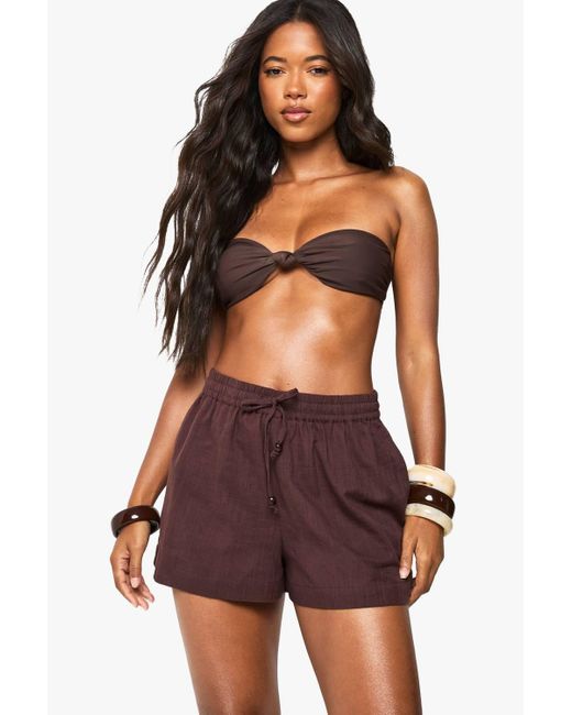 Boohoo Black Linen Beaded Beach Shorts
