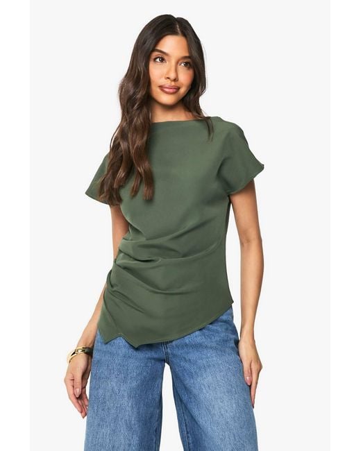 Boohoo Green Woven Ruched Side Split Top