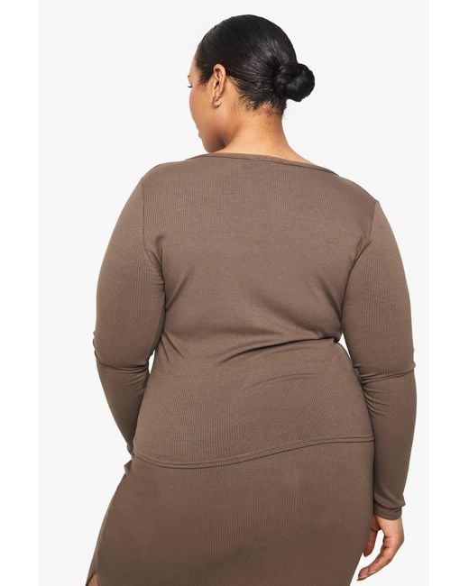 Boohoo Brown Plus Soft Rib Button Cardigan
