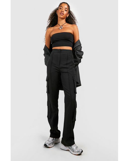 Boohoo Black Luxe Tailored Cargo Flared Pants