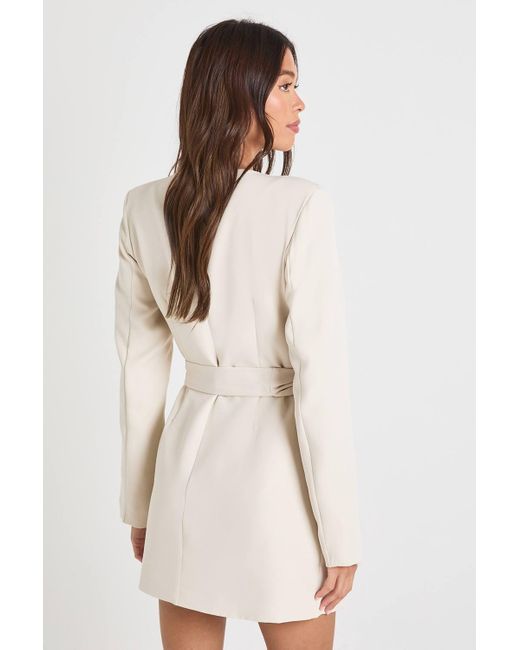 Boohoo Collarless Tie Side Blazer Dress in Natural | Lyst Boohoo Collarless Tie Side Blazer Dress in Natural | Lyst