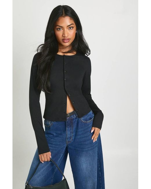 Boohoo Blue Peached Sculpt Popper Through Long Sleeve Top