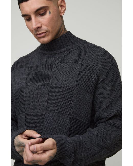BoohooMAN Tall karierter Oversize Pullover mit Trichterkragen in Blue für Herren