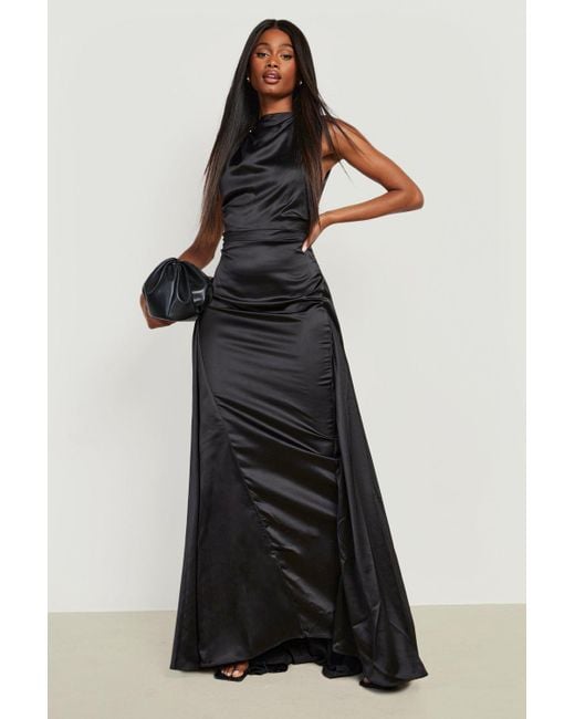 Boohoo Satin High Neck Draped Maxi Dress in Black | Lyst Canada