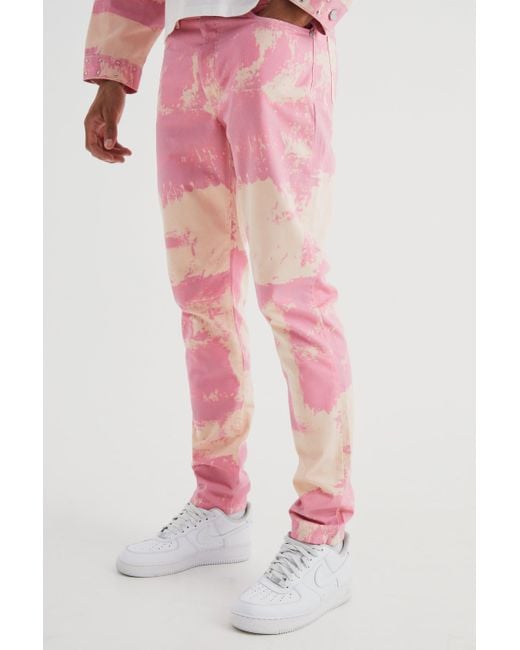 BoohooMAN Pink Tall Slim Rigid Bleached Gusset Jeans for men
