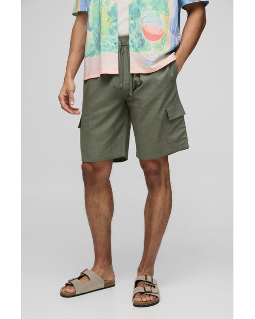 BoohooMAN Green Elasticated Waist Relaxed Fit Mid Length Linen Blend Cargo Short for men
