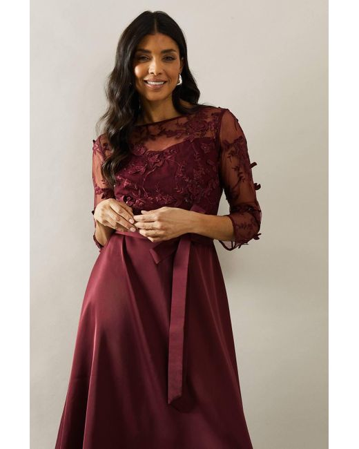 Wallis Occasion Satin And Mesh Overlay Fit And Flare Dress in Brown | Lyst