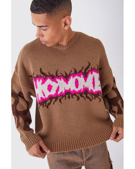 BoohooMAN Pink Boxy Homme Graffiti Knitted Jumper for men
