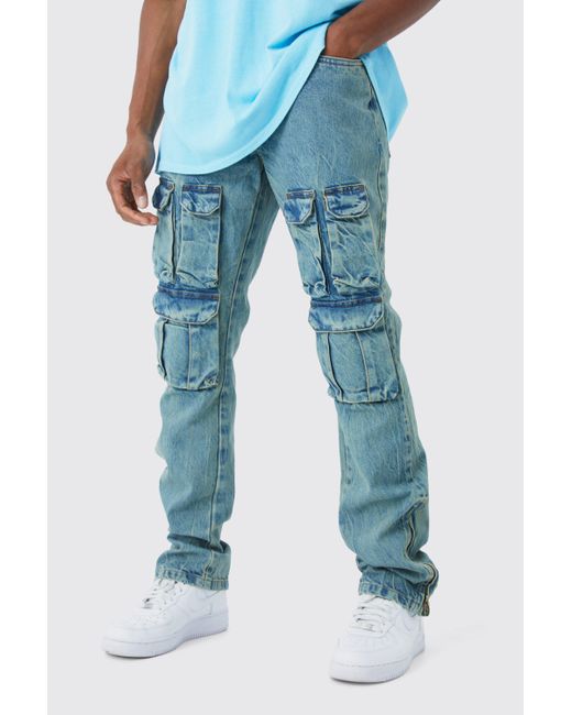 BoohooMAN Blue Slim Flare Rigid Washed Zip Gusset Cargo Jean for men