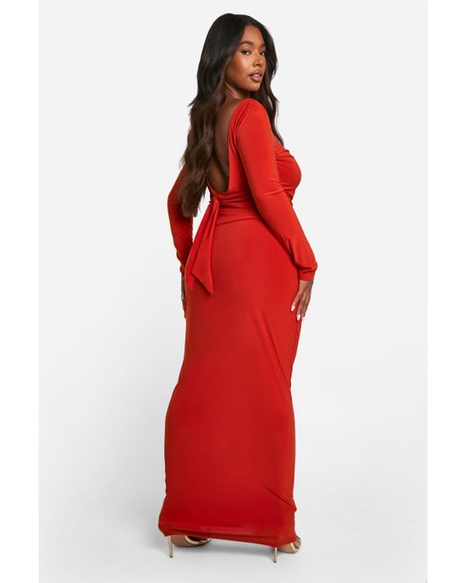 Boohoo Red Plus Double Layer Slinky Long Sleeve Scoop Back Bow Detail Top & Maxi Skirt Co-ord