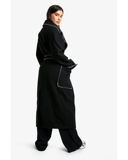 Boohoo Black Tall Contrast Stitch Belted Wool Look Coat