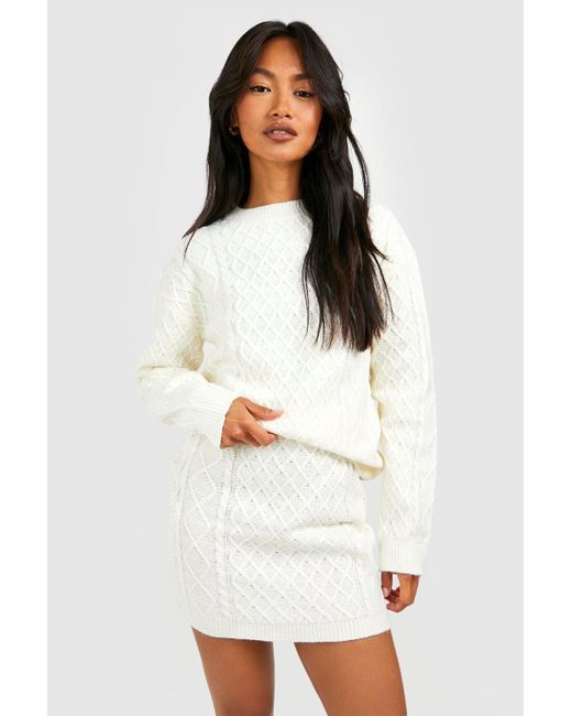 Boohoo White Cable Jumper And Mini Skirt Knitted Co-ord