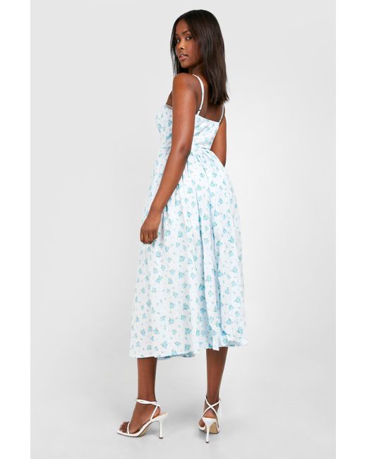 Boohoo Blue Ditsy Floral Strappy Milkmaid Midaxi Dress