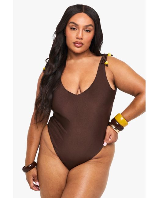 Boohoo Black Plus Bead Charm Backless Bathing Suit