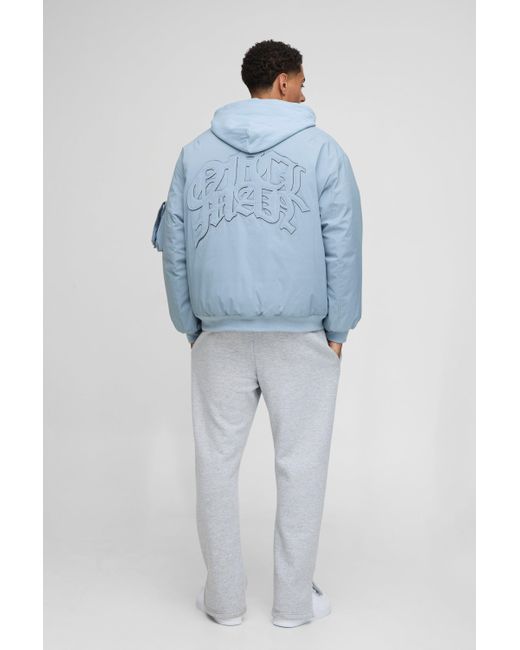 BoohooMAN Blue Oversized Fit Pu Applique Nylon Hooded Bomber Jacket for men