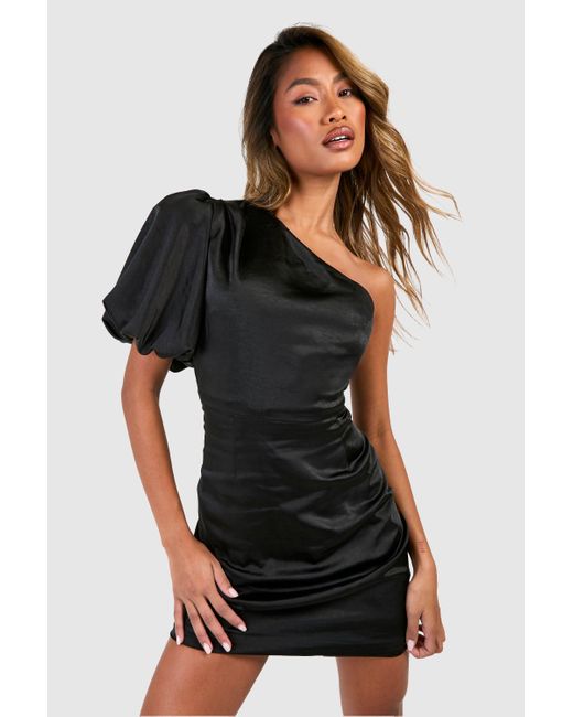 Boohoo Black Satin Puff Sleeve Asymmetric Mini Dress