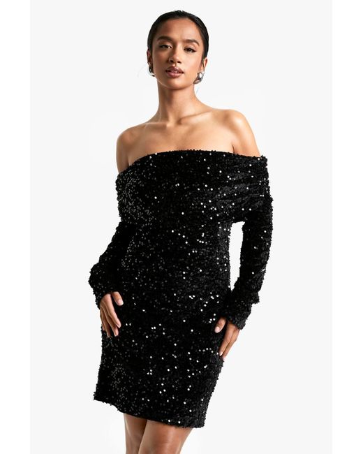 Boohoo Black Petite Velvet Sequin Bardot Mini Dress