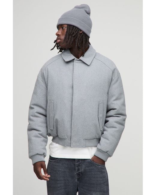 Regular Fit Melton Mono Padded Collared Bomber Jacket Boohoo de color Gray