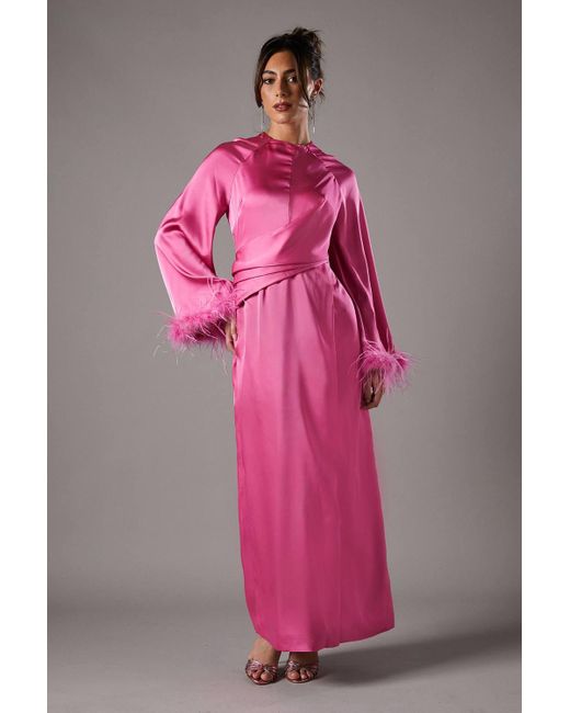 coast pink feather dress Pink Coast Muse Long Sleeve Feather Detail Maxi Dress