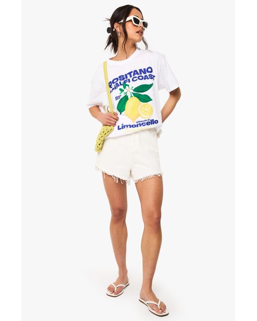 Camiseta Oversize Con Estampado De Limones Y Estampado Positano Amalfi Cost Boohoo de color White