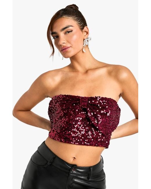 Boohoo Red Sequin Bow Top