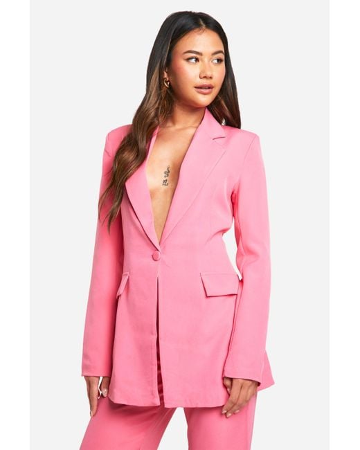 Boohoo Pink Plunge Front Single Button Fitted Blazer