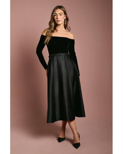 Coast Long Sleeve Bardot Full Skirted Midi Dress in Black | Lyst