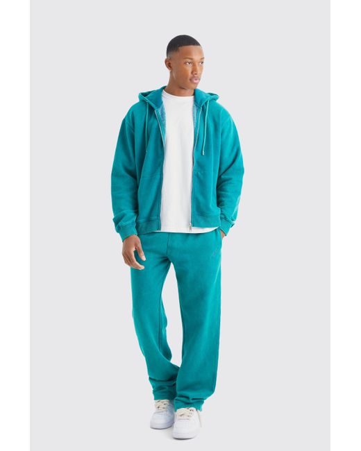 BoohooMAN Blue Oversized Man Boxy Zip Hooded Washed Tracksuit for men